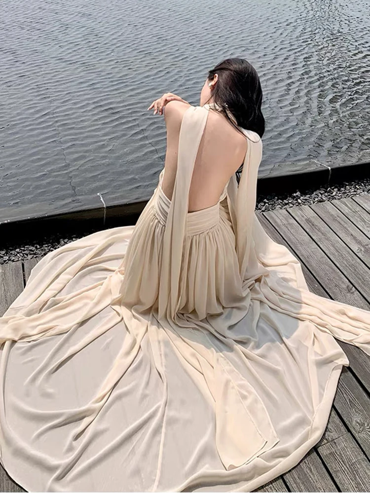 Elegante backless lange jurken lente dames mouwloze halterjurk zomer hoge taille losse trui rits knielengte jurk