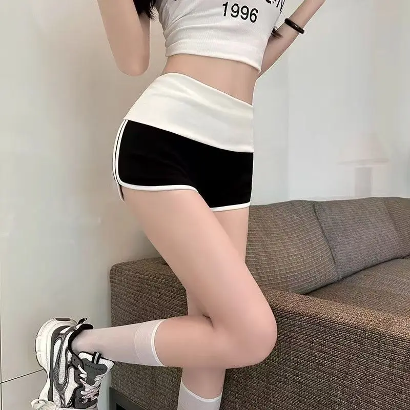 Damen-Sportshorts mit Farbblockierung, hohe Taille, lässige Shorts, vielseitige, lässige Yoga-Leggings, Sommer-Slim-Mini-Hotpants – Detail 11