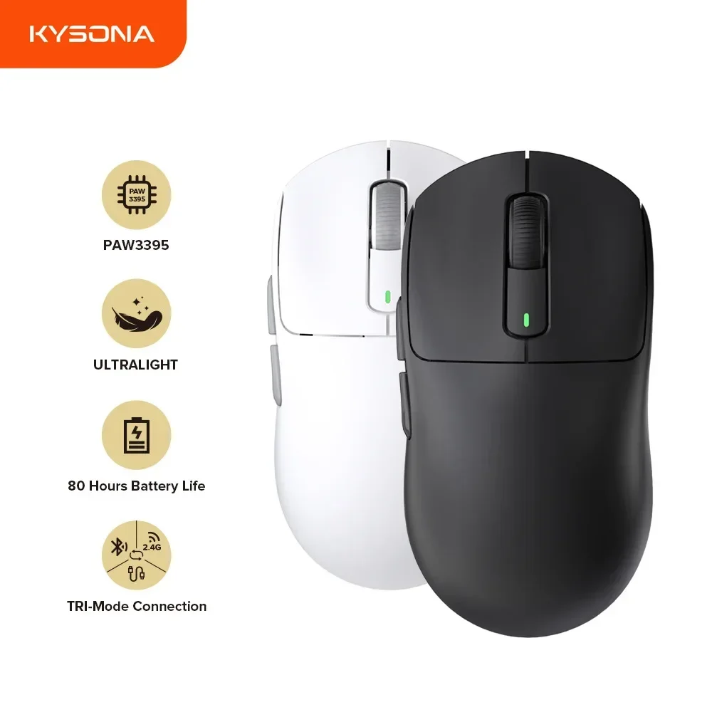 

Легкая мышь KYSONA PAW3395 55 г, игровая перезаряжаемая трехрежимная беспроводная эргономичная оптическая офисная двусторонняя геймерская мышь