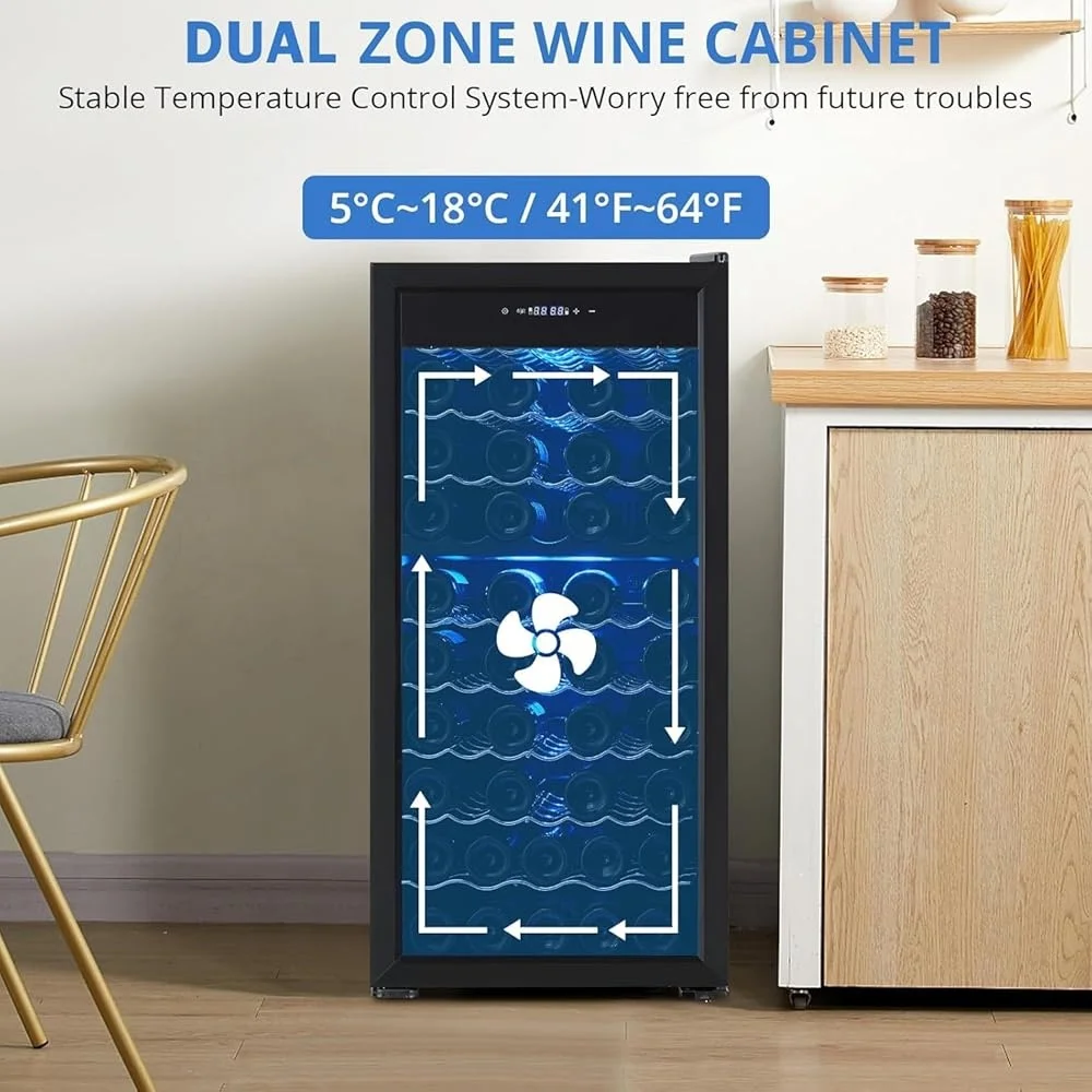66-Flaschen-Weinkühlschrank mit zwei Zonen, freistehender Weinkühler, Kompressor, digitale Temperaturregelung, verstellbare Holzregale