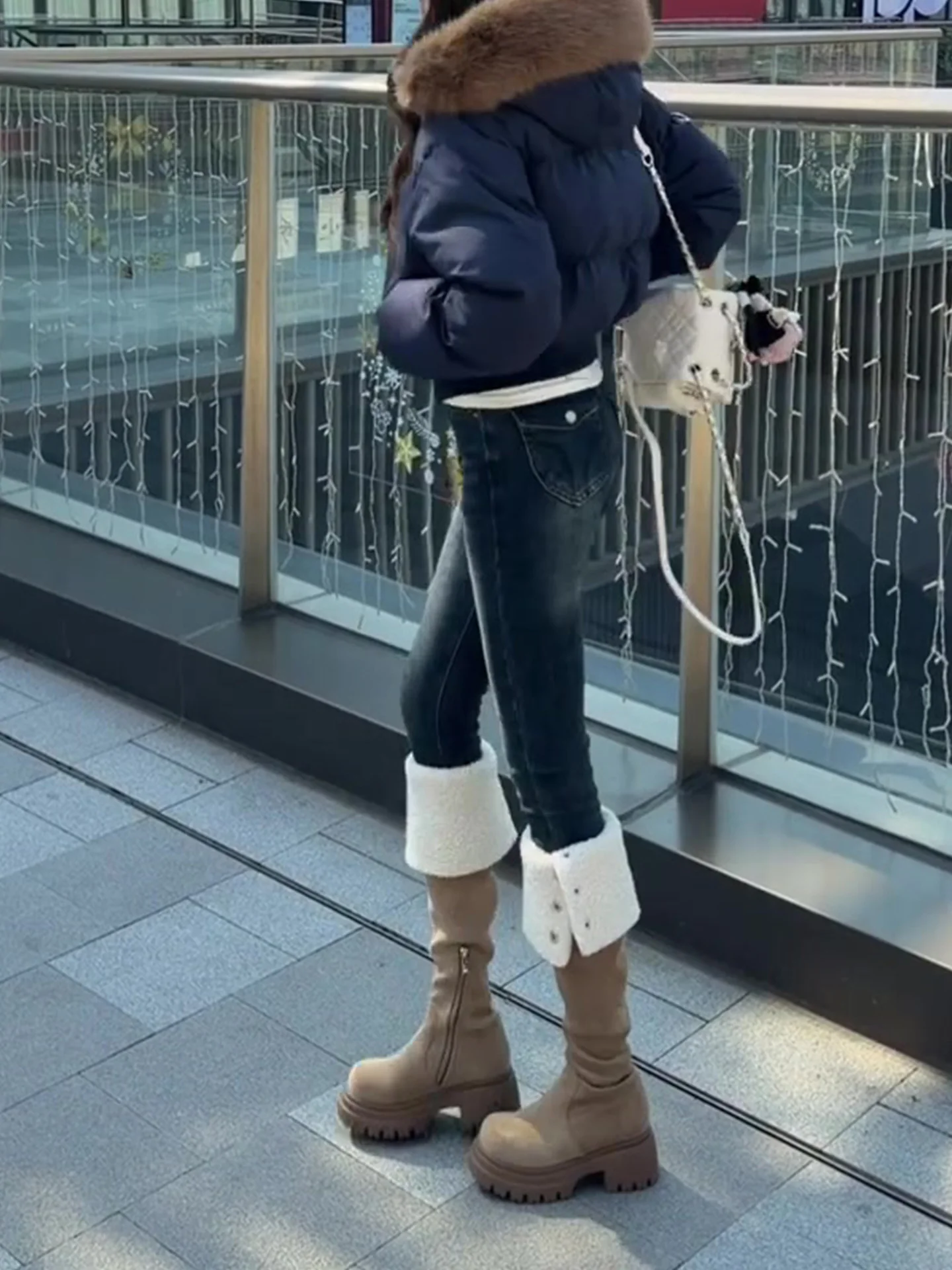 Retro American Deep Blue Hohe Taille Fce Gefüttert Skinny Nine Points Damen Jeans Herbst Winter Neue Sle Bleistift Slim Fit Hosen