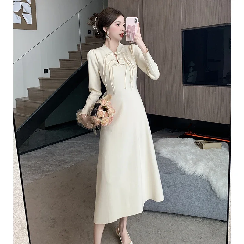 MiiiiX Chinese Style Retro Improved Cheongsam Women Knitted Dress 2024 Autumn Slim Knot Button A-line Long Dress Female Clothes