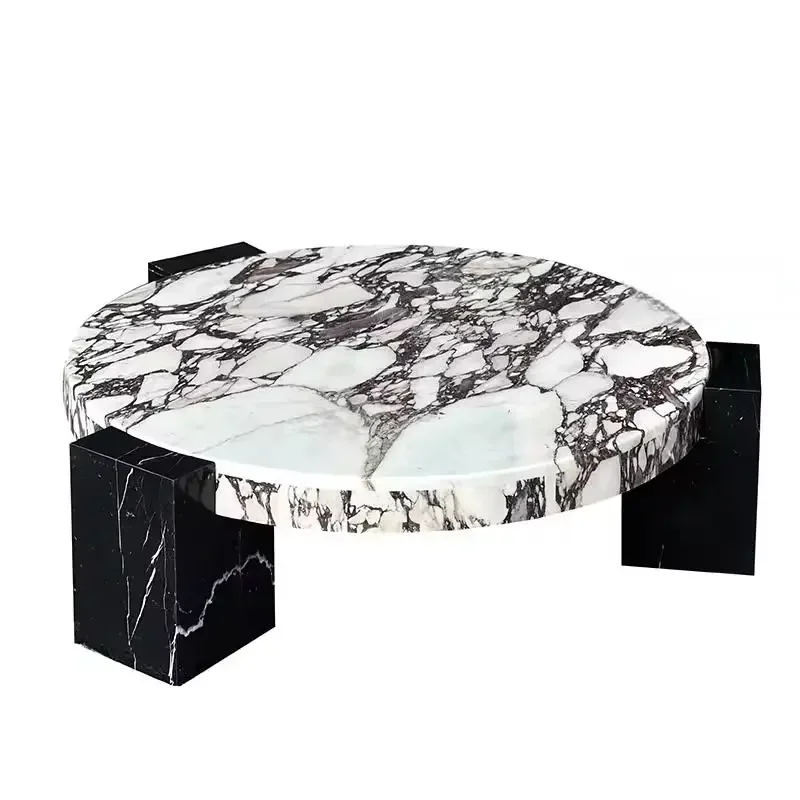 

100 Pure Luxury Calactta Viola Marble Round Top Coffee Table With Black Marquina Marble Leg for Home Living Room