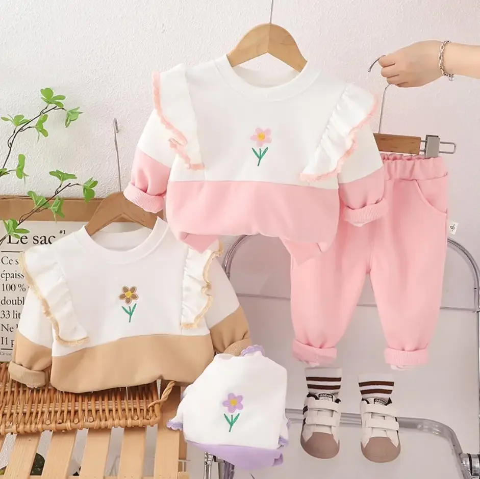 Kinder Baby Herfstkleding 2024 Koreaanse Stijl Geborduurd Kant Sweatshirt Met Lange Mouwen En Broek Tweedelige Peuter Meisjes Outfit Sets