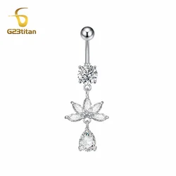 Zircon Yoga Lotus Flower Dangle Belly Button Ring 6-16mm 14G Titanium Bar Navel Piercing Jewelry Women Sport Body Accessories