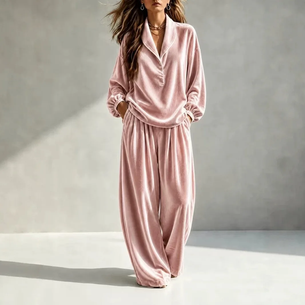 Women's Matching Sets Velvet Lapel Two Piece Outfit Long Sleeve Top Wide Leg Pants Ropa Mujer Casual Daily Lounge Outfits