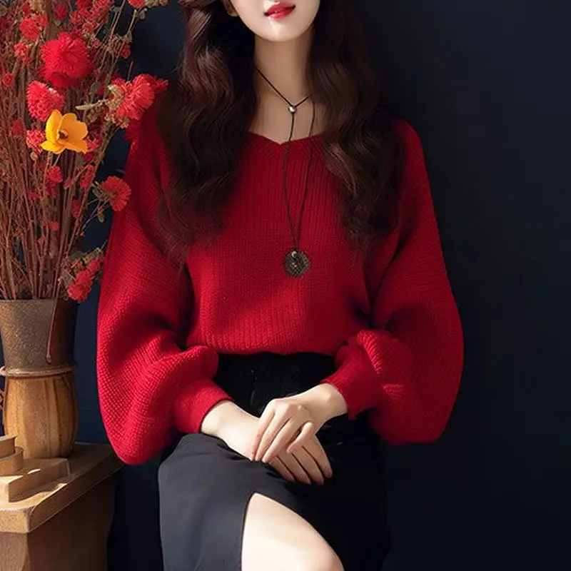 New Fashion Women's Lazy Oversized Red Pullover Sweater Long Sleeve Knit Jumper Top