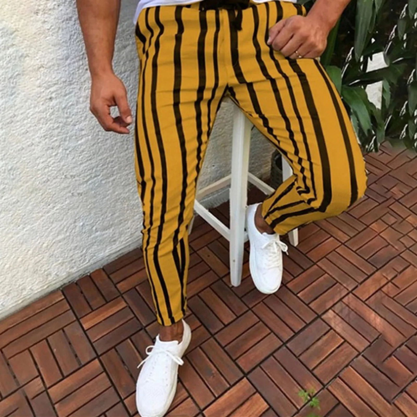 

Men Casual Pants Striped Flexible Long Pocket Sports Elastic Waist Bodybuilding Man Y2k Clothing Gym Work Trousers Pantalones