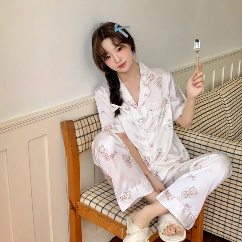 Angel Bear Pajamas Women's Thin Ice Silk 2024 Summer New Sweet Fairy Style Fresh Style Home Clothes suit