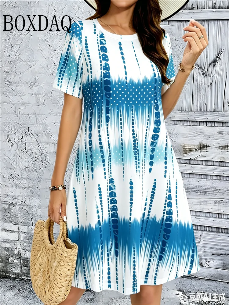 Tie Dye Gradient Striped Printing Dresses For Women Summer Fashion Plus Size Dress Casual Short Sleeve Loose Dress 6XL Clothing