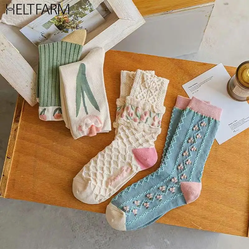 

Women Socks Autumn Winter Flower Middle Tube Cotton Socks Frilly Ruffle Cute Sweet Breathable Kawaii Crew Socks For Girls