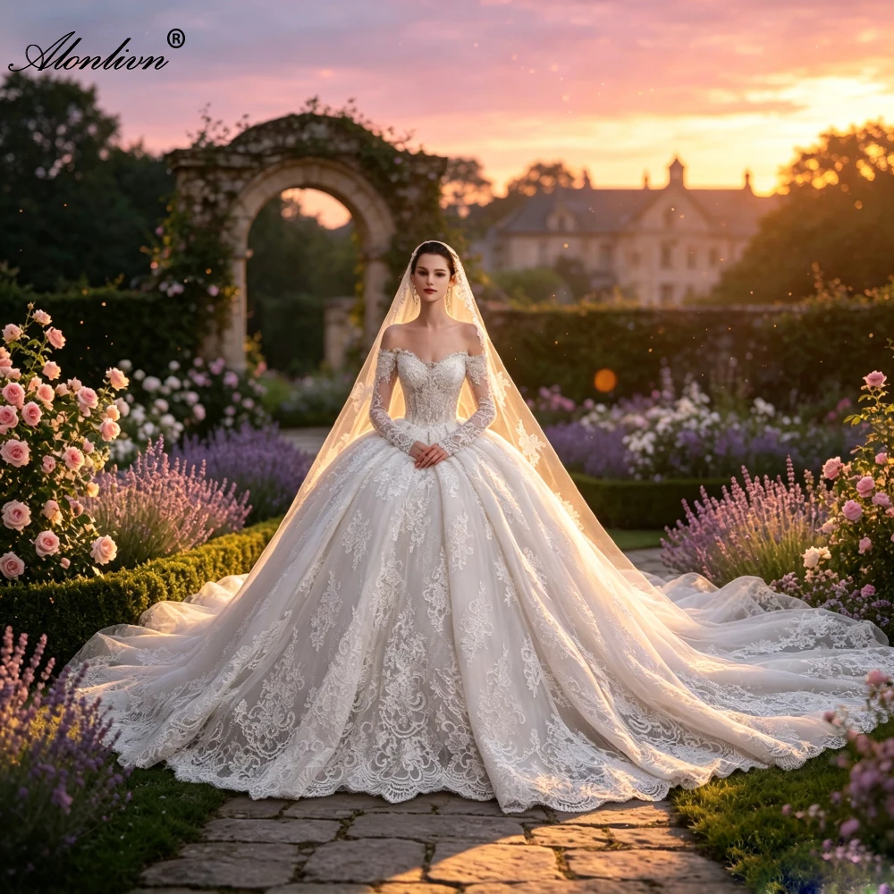 Alonlivn Custom Made Luxury Lace Off Shoulder Full Sleeves Ball Gown Bride Dresses Chapel Train Princess Wedding Gowns