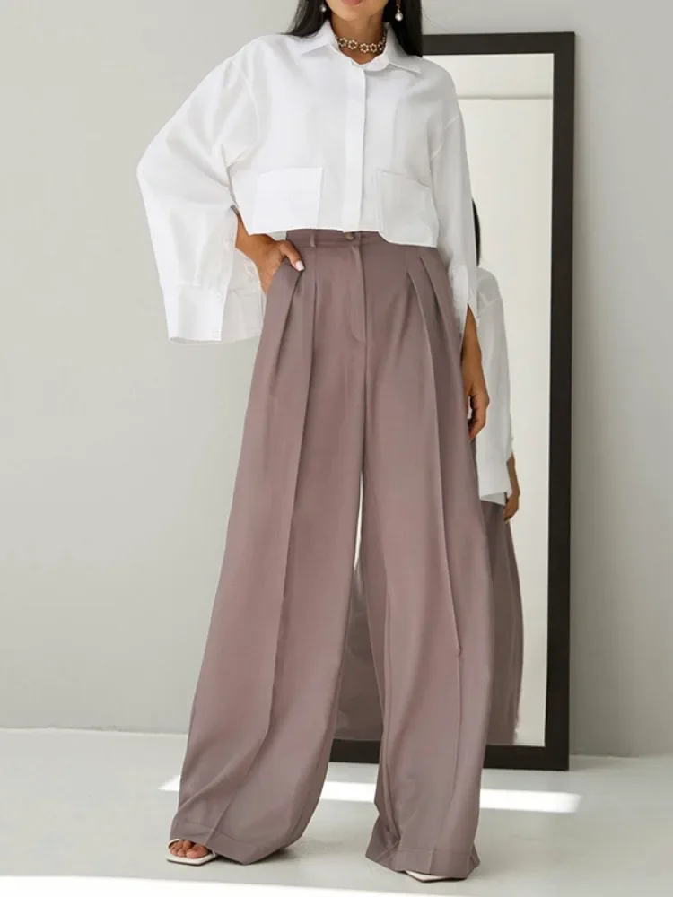 Freeacy Elegant Pants for Urban Women Solid Color High Waist Buttoned Loose Fit Floor Length Trousers Stylish Commuter Bottoms