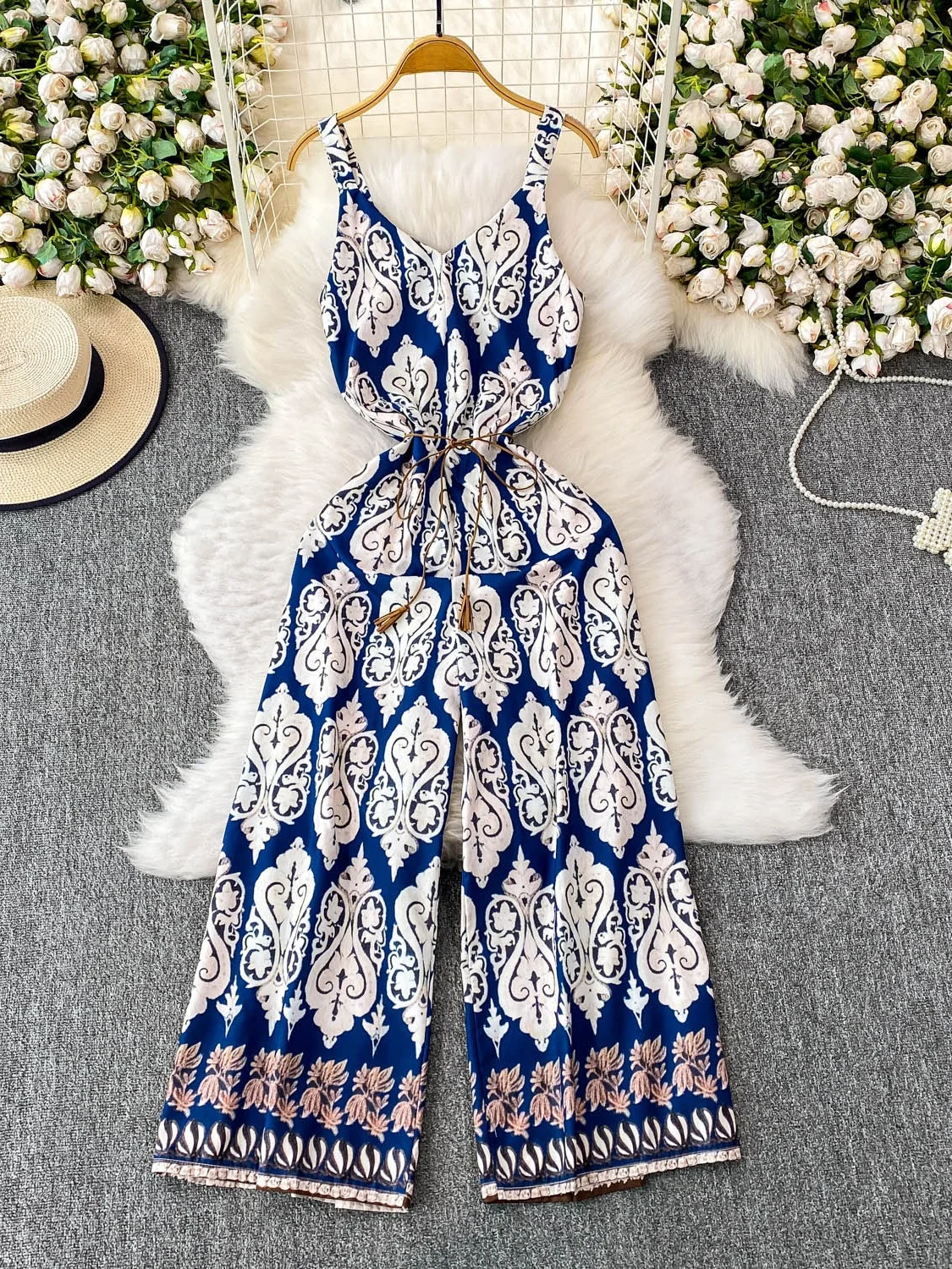 Slimming Wide Leg Pants V Ne ter Swimsuit High Waist Belted Holiday Faionable Printed Women's Summer Dr