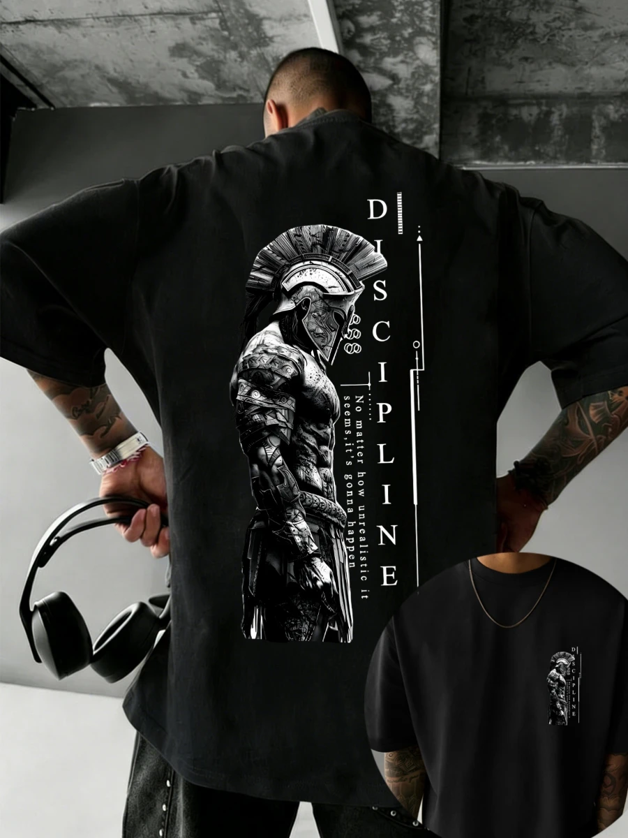 Men'S 100% T-Shirt, Spartan Warrior Discipline Print, All-Season Wear, Casual Sporty Comfortable Breathable