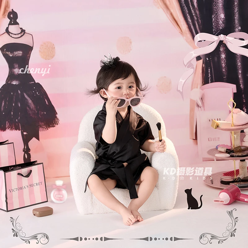 

1 Year Old Photography Outfit Beauty Bloggers Theme Black Satin Robewith Headpiece, Cute Toddler 1st Birthday Photoshoot Costume