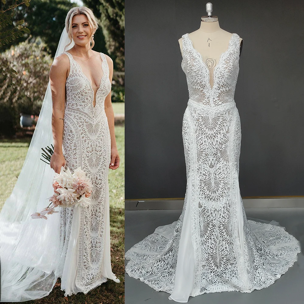 Mermaid Rustic Lace Deep V Neck Wedding Gown Low Cut Open Back Chiffon Backless Sleeveless Real Photos Customized Bridal Dress