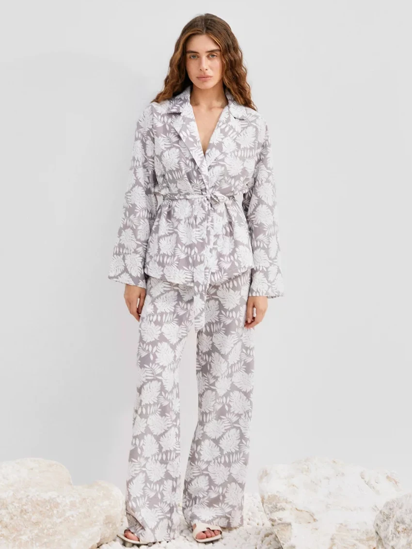 

Marthaqiqi Casual Printing Women Pajamas Set Long Sleeve Nightie Turn-Down Collar Sleepwear Lace Up Pyjamas Pants Nightgown Suit