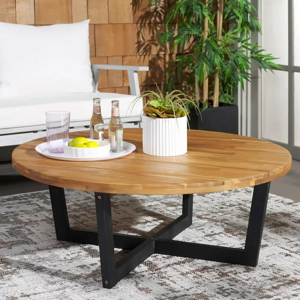 

Outdoor Leo Collection Natural and Black Round 4-Leg Coffee Table, Perfect for Patios, Decks, Backyards, and Sunrooms