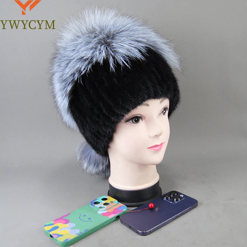 

2025 Women Winter Luxury Knitted Real Mink Fur Hat Natural Warm With Silver Fox Fur Top Lady Mink Fur Cap Skullies & Beanies