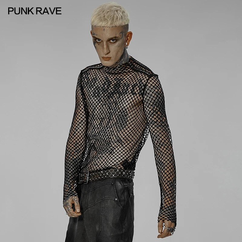 PUNK RAVE Men\'s Punk Sexy Gauze Rough Edges Slim T-shirt Long Sleeve Black Tops Spring and Summer T Shirts for Men