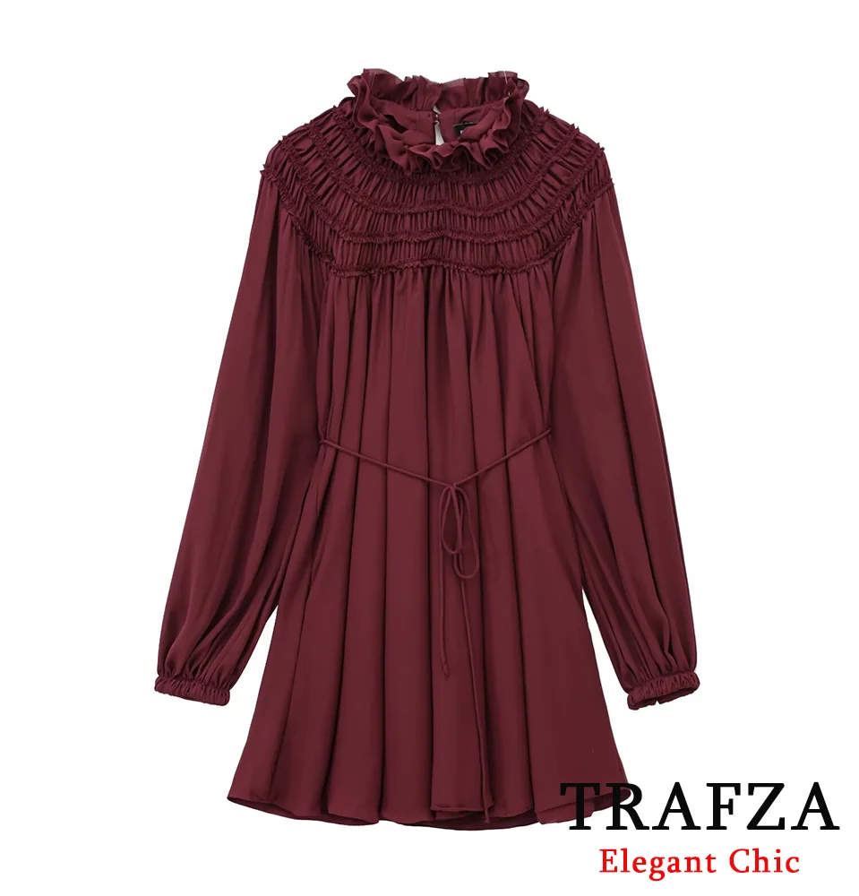 TRAFZA-Women Romantic Burgundy Dress Ruffled Collar Loose A-line Dress New 2025 Fashion Spring Fall Glamorous Dinner Date Dress