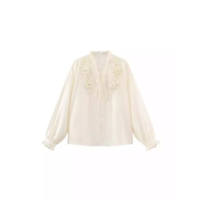 French Embroidered Blouse V Neck Long Sleeve Shirt for Women Autumn Lace Floral Top Chic Vintage Inspired Design Fashion Outfit