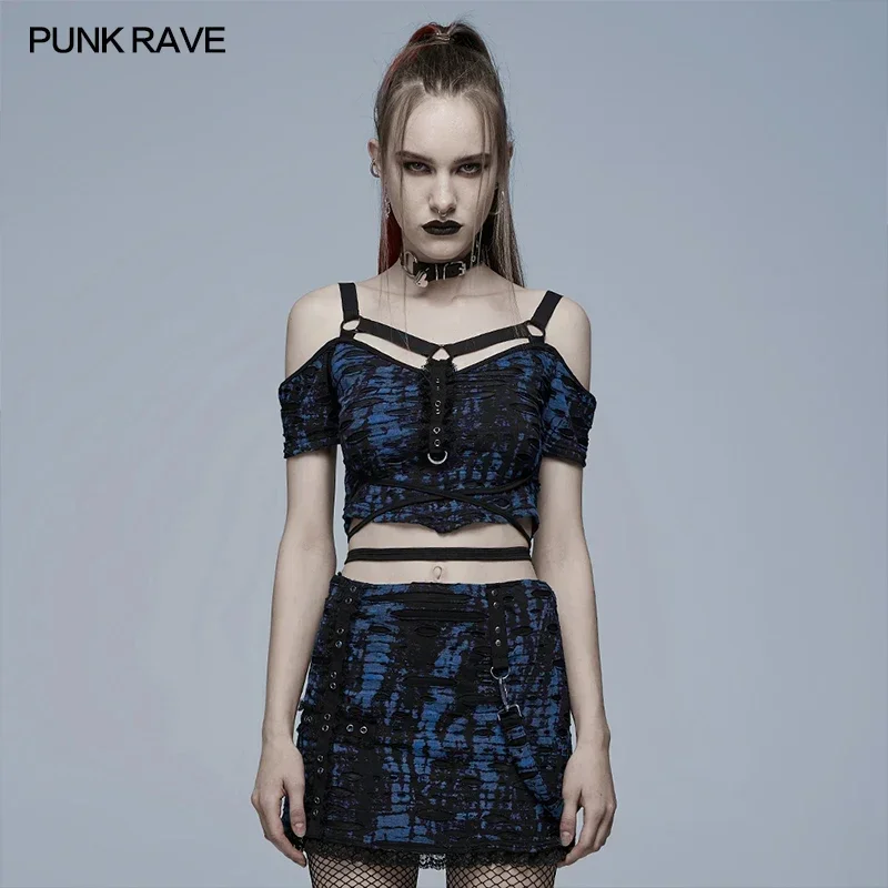 PUNK RAVE Women\'s Gothic Knitted Print Personalized Shoulder Loop T-shirt Belt Has A Binding Rope Punk Tees Tops Summer