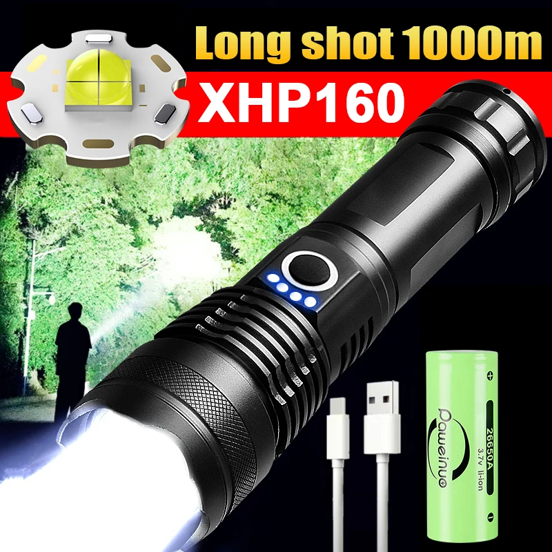 High Power LED Flashlight XHP160 Super Bright USB Rechargeable Torch 26650 Zoom Powerful Flash Lights Camping Tactical Lanterns