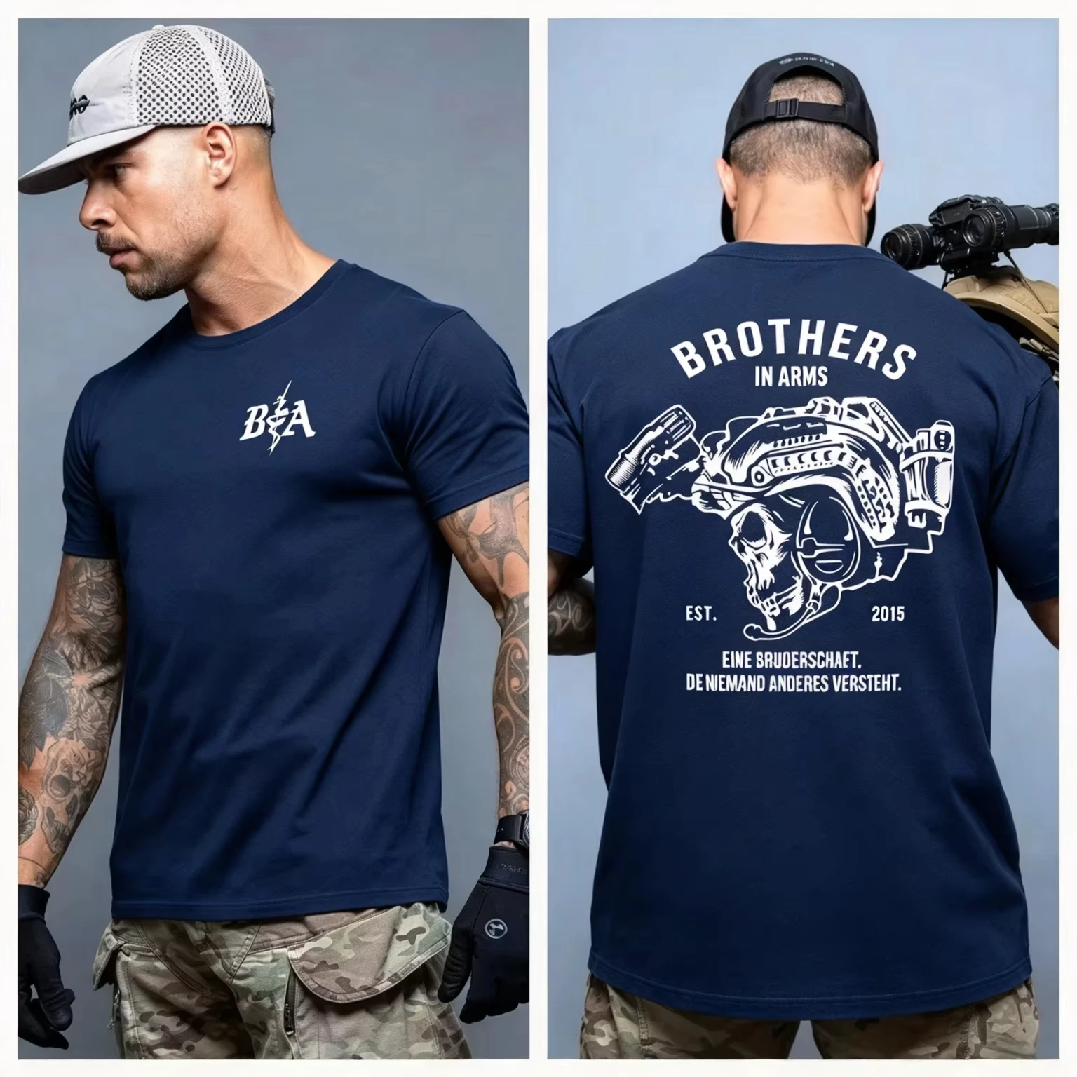 2026 New Oversized Unisex Streetwear T Shirt Brothers In Arms Tactical Skull Front Back Graphic Tee Short Sleeve Tops