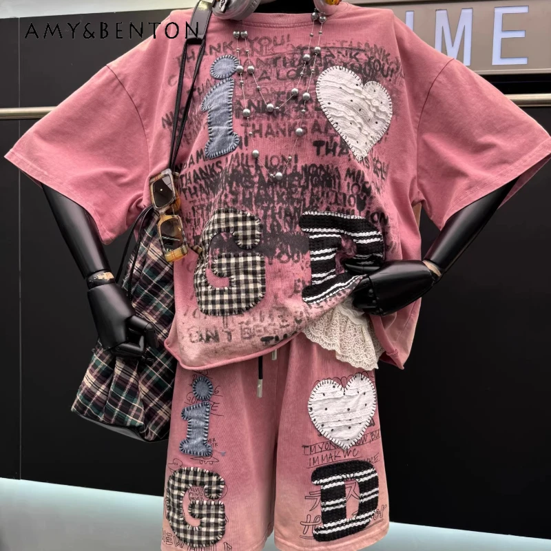 

2026 Spring Summer New American Retro Letter Print Short Sleeved T-shirt And Loose Casual Shorts Two-piece Set Women's Clothes