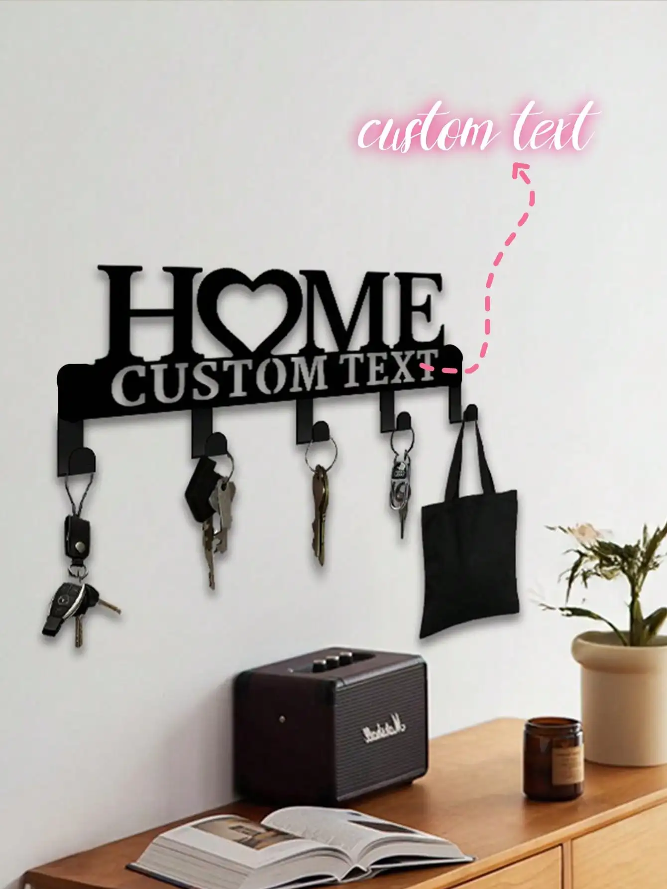 

Custom Metal Key Holder for Wall, Black Iron Entryway Organizer with 5 Hooks for Towels Hats, Personalized Home Decor