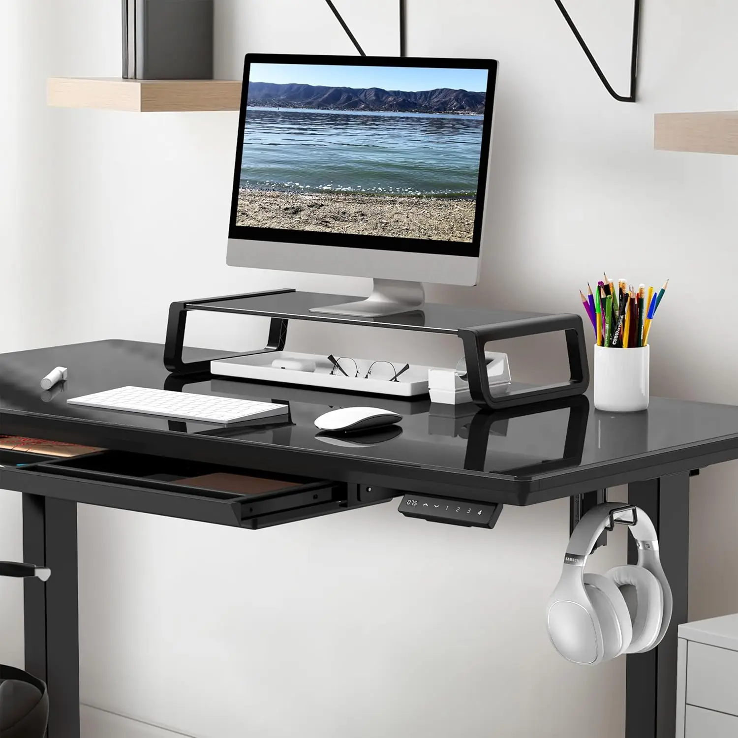 48-Inch Whole-Piece Glass Electric Height Adjustable Desk With Monitor Riser And Drawer, Black