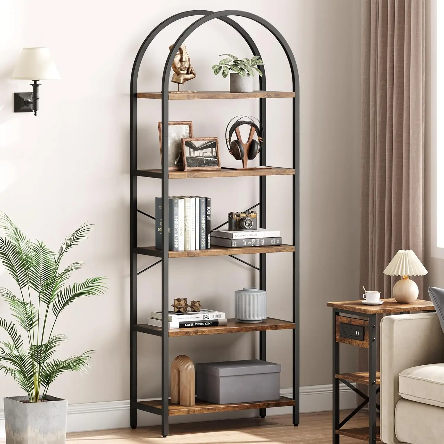 

Bookshelf 5 Tier Bookcase Arched Display Racks Tall Standing Bookshelves Metal Frame Rustic Storage Rack Shelf