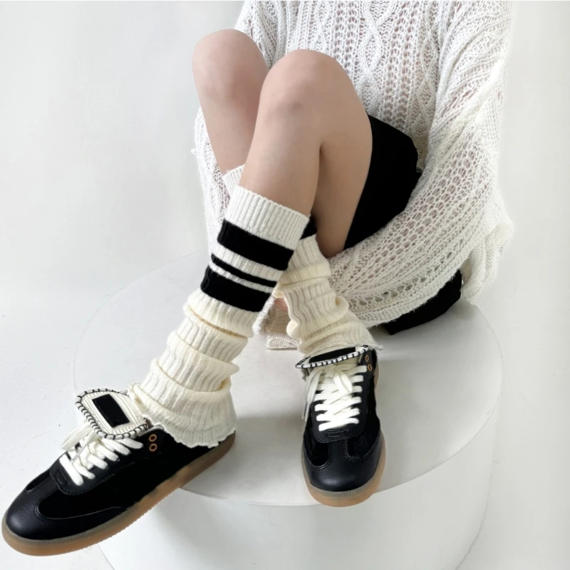 Preppy Student Gestreepte Beenwarmers Vrouwen Harajuku Geribbelde Gebreide Ruches Trim Lange Sokken Slappe Beenhoezen Bootmanchetten Streetwear