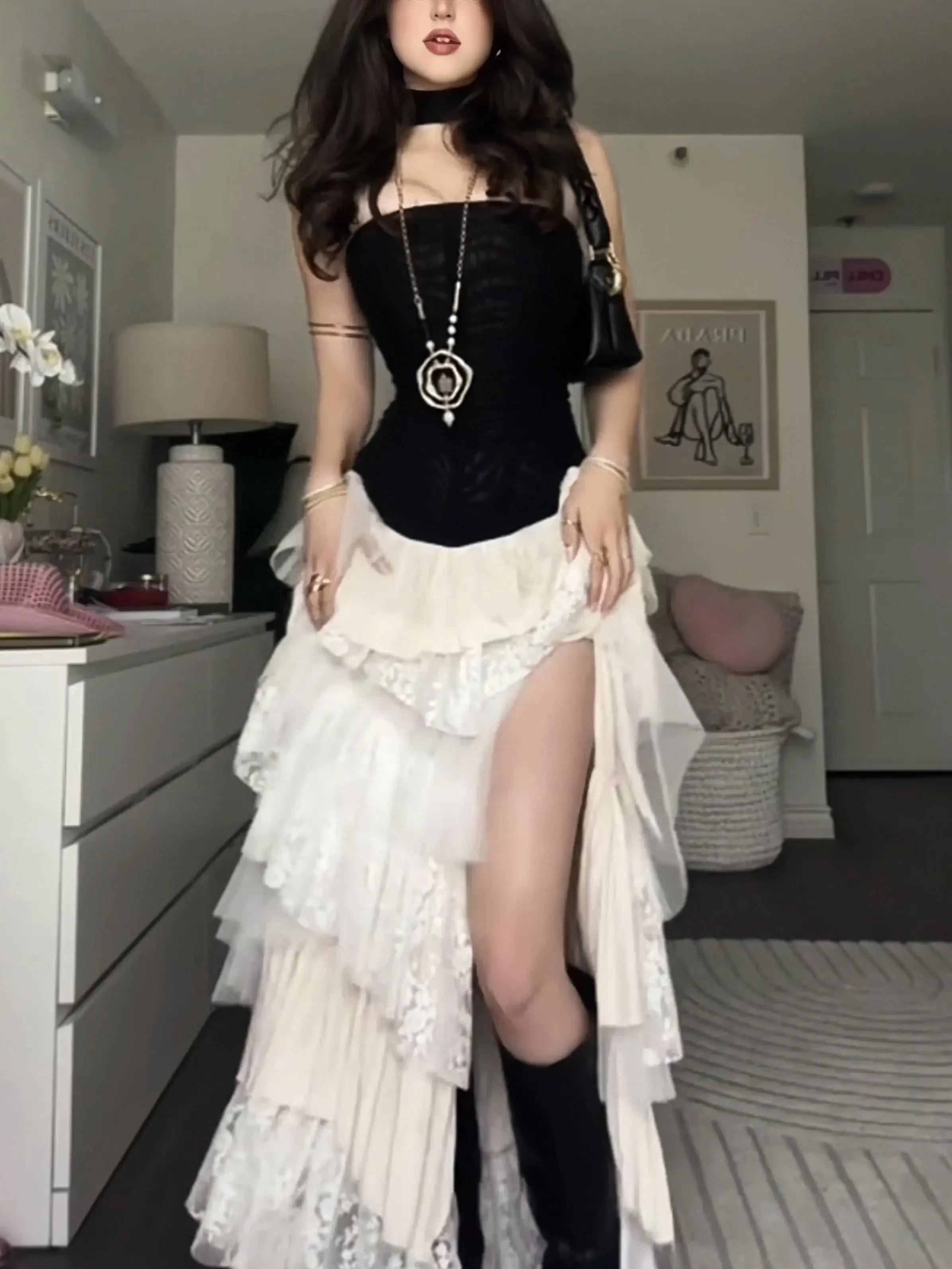 IMU Designer Asymmetric Cake Skirt Women White Fairy Hot Multi Layers Sweet Korean High Slit Long Cake Ball Gown Skirts
