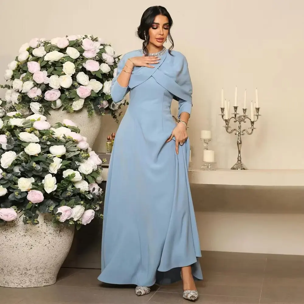 

Modest Light Blue Evening Dress Customized Crystal Jewel Neck Long Sleeve A Line Jersey Evening Gowns Formal Party Dresses
