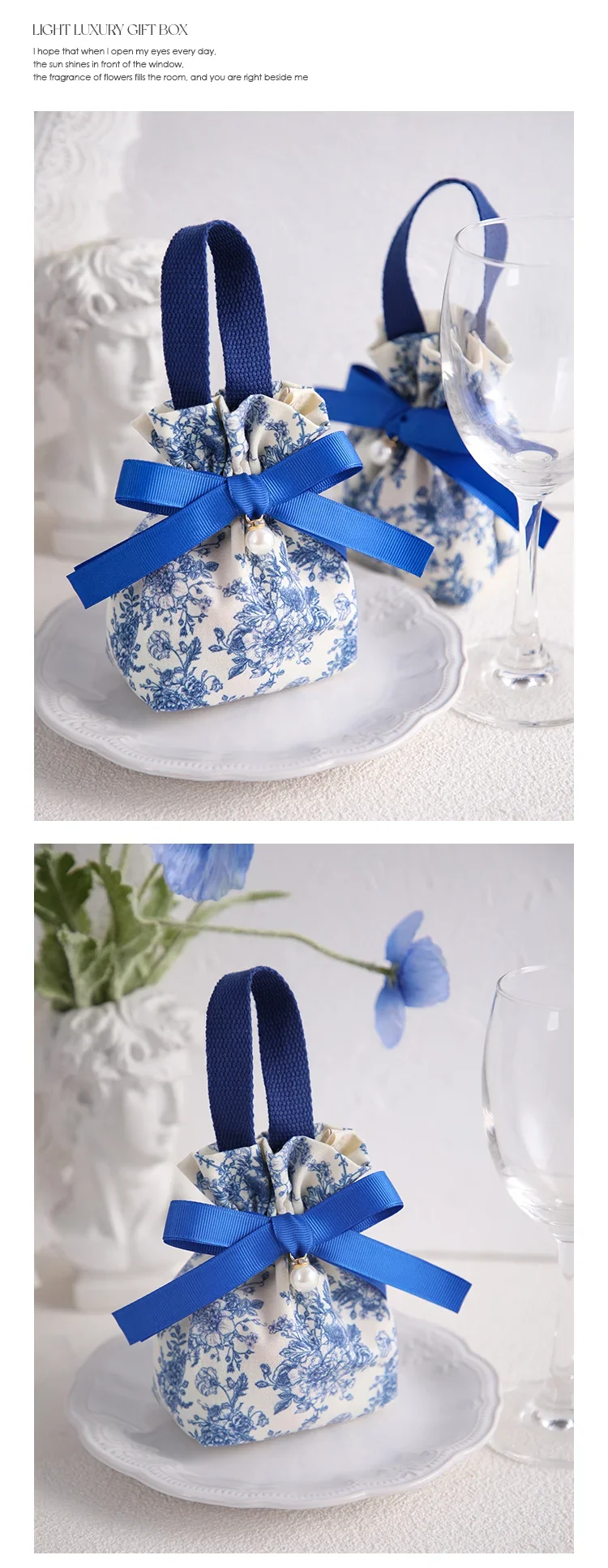 5/10 Stück tragbare Canvas-Süßigkeitentüten mit Kordelzug, Blumenmuster und Schleife, weiche, wiederverwendbare Geschenkverpackungstüten für Hochzeiten – Detail 11