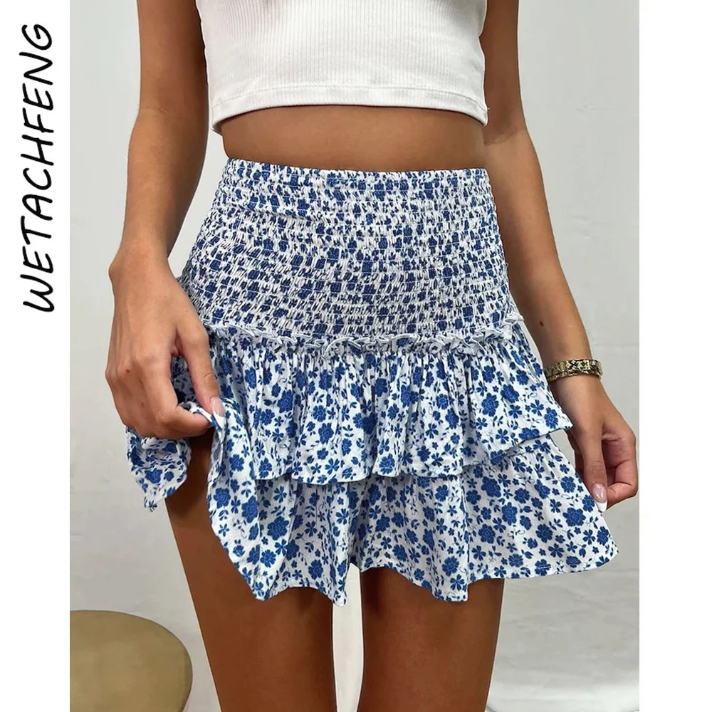 

Summer Beach Boho Blue Pleated Skirt Ruffles Floral Printed Mini Skirt Elegant Sweet High Waist A-Line Short Dress Woman Clothes