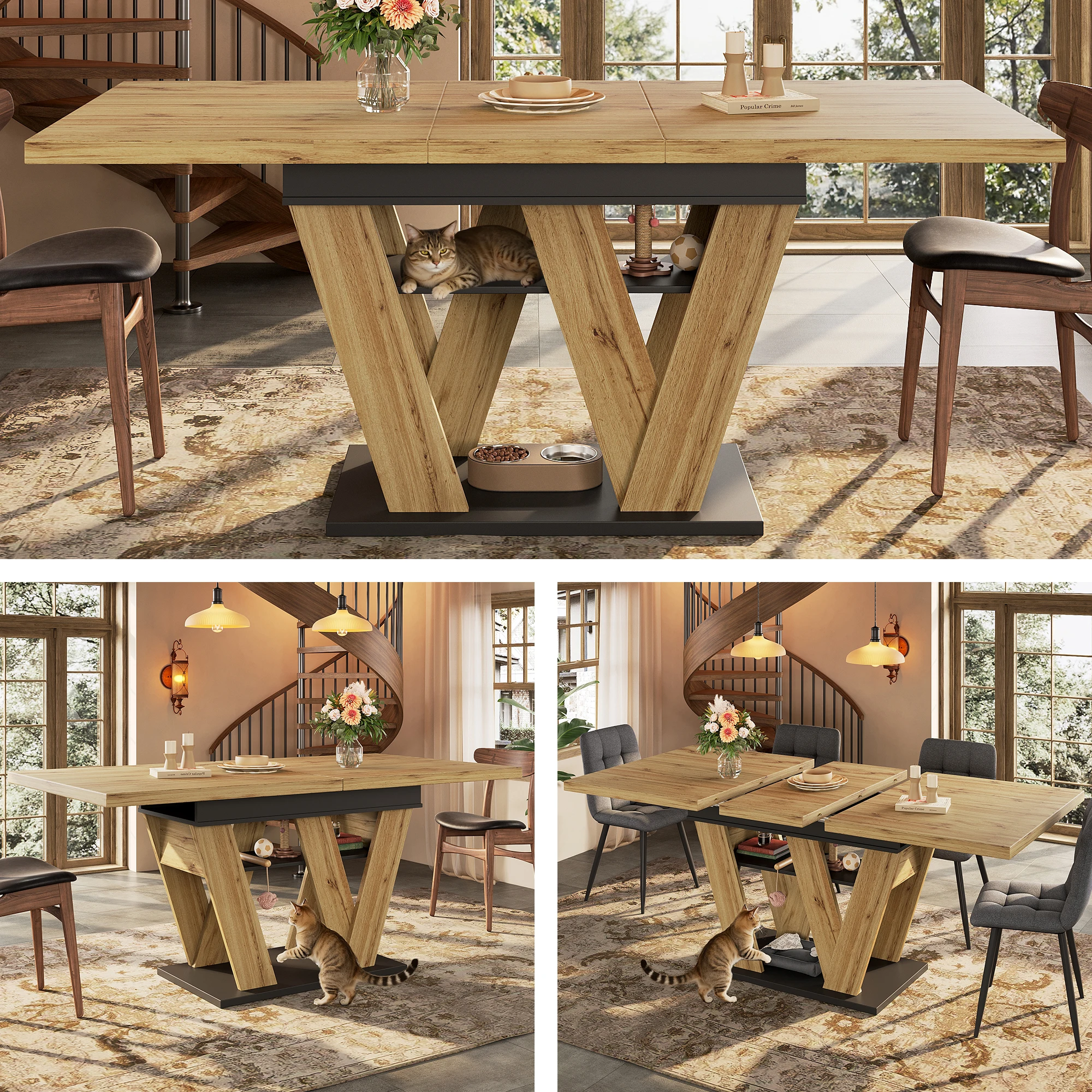 Table à manger télescopique (119-158,5×80 cm), table extensible, table de cuisine, pour cuisine et salon, table à manger de couleur bois