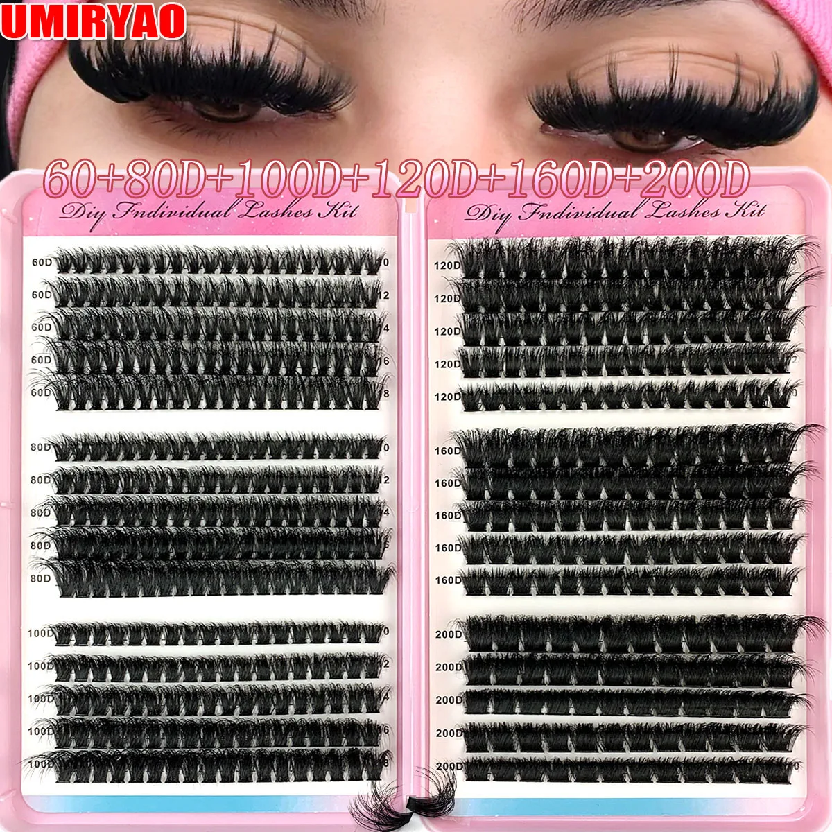 UMIRYAO 200D-60D libro per ciglia ciglia finte a grappolo singolo 500 pezzi ciglia spesse e soffici ciglia sottili 0,07 mm 10-18 mm di lunghezza mista