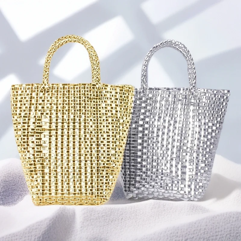 

Luxury Gold Handwoven Beach Bag for Summer Hawaiian Vacation, PVC Waterproof Tote Bag for Women Fashion Basket Handbag