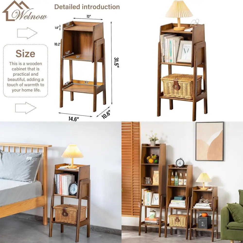 

Прикроватный/придиванный столик-органайзер из натурального бамбука, 1-уровневый, для спальни/гостиной, современный, с открытыми полками, цвет орех