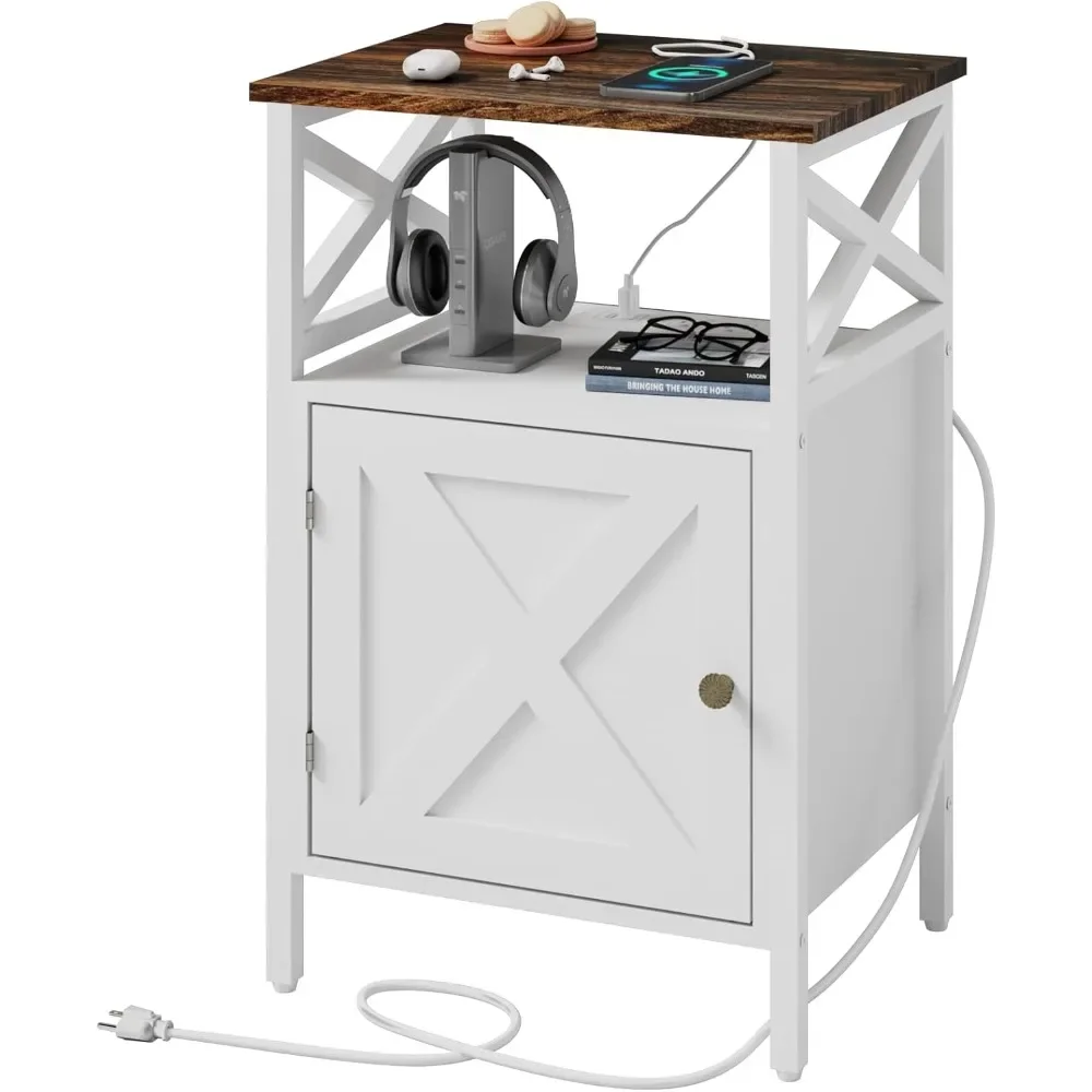 

Side Table with Charging Station, End Table with Power Outlet & USB Ports, Nightstand with 2 Tiers Storage Space