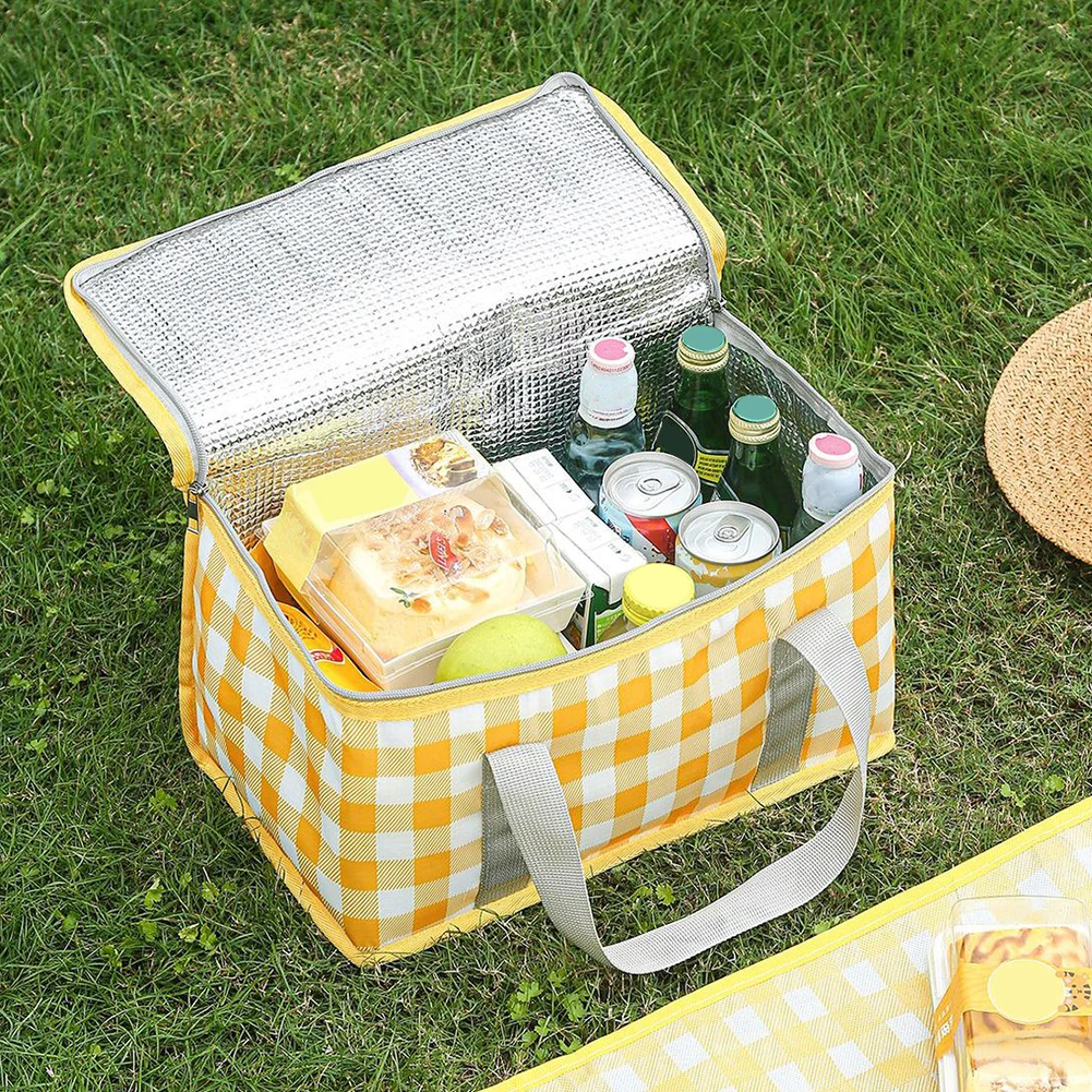 Outdoor Thickened Insulated Lunch Handbags Large Capacity Camping Storage Bags Waterproof Checkered Picnic Cold Protection Totes