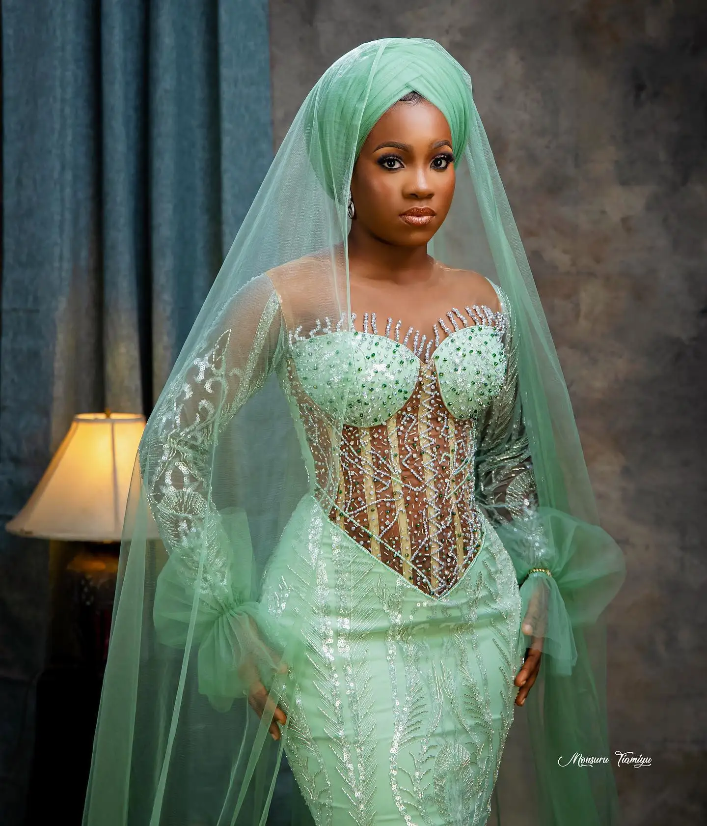 Asoebi Traditional Wedding Bridal Dresses Sparkly Sequined Lace Formal Party Dresses African Wedding Gown Green Beads Prom Dress