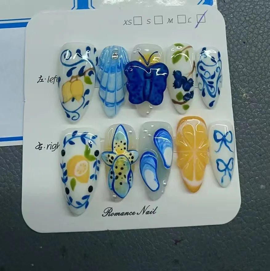 

10 шт., миндалевидный пресс ручной работы на ногтях, ручная роспись, бабочка, цветочный декор, накладные ногти, носимые Ins, 3D накладные ногти