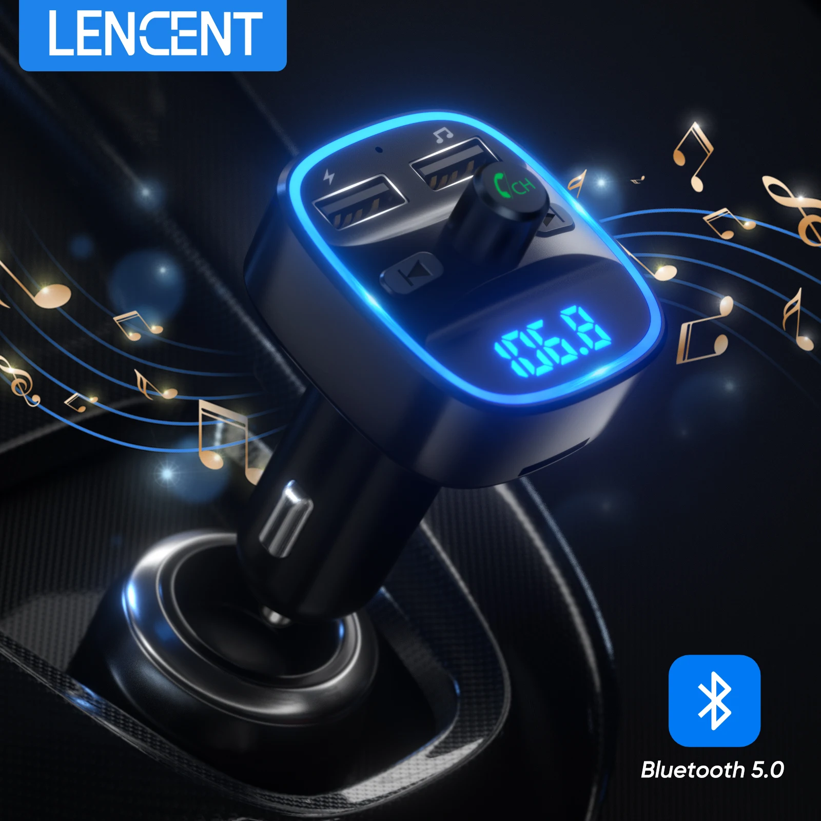 LENCENT Bluetooth FM Transmitter Wireless Radio Adapter Car Kit with Dual USB Charging Car Charger MP3 Player Support TF Card