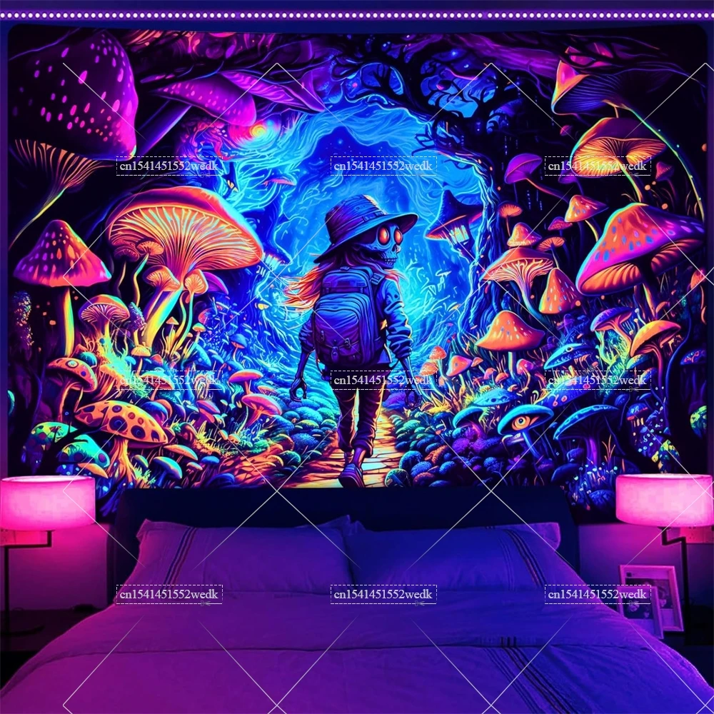 Blacklight Mushroom Tapestry UV Reactive Hippie Skull Tapestries Wall Hanging Eyes Forest Tapestry Glow In The Dark Posters