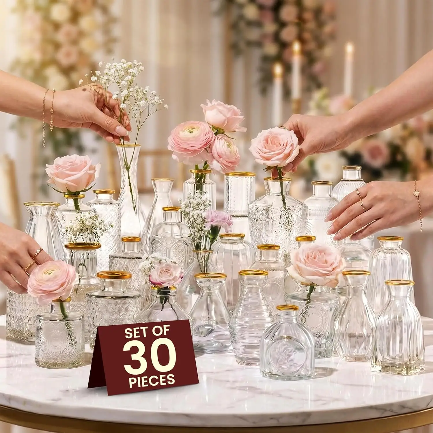 

30 Pcs Premium Clear Bud Vases with Gold Rims - Small Bud Vases in Bulk for Table & Wedding Decor - Mini Vases for Flowe